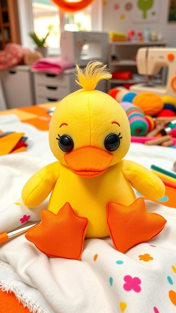 Duck Plushie Crafting Guide A handmade duck plushie with orange beak and feet, sitting on a blanket with crafting materials.